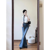2025 Summer French White Lace Stitching Design Shirt Women Commuting Micro-Rave Jeans Two-Piece Set