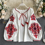 Ins Travel To Shoot Retro National Wind Embroidery With Tuxedo V-Neck Lantern Sleeve Top Lady 0515