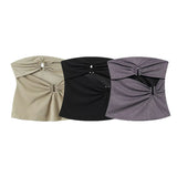 Open Design Metal Decoration Folded Breast 2025 Summer Sexy Shoulder Repair Short-Term Waistcoat Woman