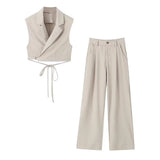 Temperament Casual Suit Vest Suit 2025 Summer Sleeveless Wrap Wearing Short-Carved Vest Folded Trousers Woman