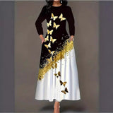 Fashion Women's Autumn And Winter Butterfly Print Long-Sleeved Dress Pocket Temperament Round Tie Sling A Word Long Dress
