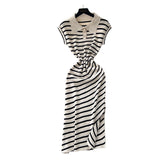 Korean Chic Summer Dress Niche Retro Polo Collar Short-Sleeved Striped Dress Female Waist Temperament Open Long Dress