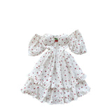 2025 Spring And Summer Sweet Shoulder Slings Bubble Short Sleeve Cherry Print Waist Dress Women's Wooden Ear Short Skirt