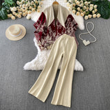 High-End Temperament Bottom Half-High Collar Sweater + Printed Knitted Shawl Jacket + High Waist Lanky Trousers Three-Piece Set