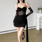 Fashion 2025 Autumn And Winter New Women's Dress French Hottie Sexy Sling Mesh Splicing Perspective Waist Dress