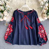 Ins Travel To Shoot Retro National Wind Embroidery With Tuxedo V-Neck Lantern Sleeve Top Lady 0515