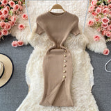 Korean Version Of The Solid Color Collar Buckle Body Short Sleeve Elastic Knitted Forked And Left-Sleeved Dress 0022