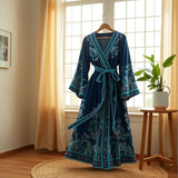Vintage Court Lantern Long Sleeve V-Neck Belt With A Word Print Dress Elegant Swing Dress Long