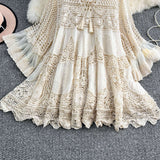 Yunnan Dali Tourism Holiday Dress Women New Gentle Wind Tied V Tie Horn Sleeve Hollow Knitting Short