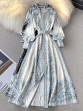 Spring And Autumn Dress Retro Court Style Lapl Lantern Sleeve Print Dress Women's Single Buckle Large A-Word Over Knee Dress