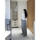 2025 Summer White Cotton Skin On The Shoulder Thin T-Shirt Commuting Design Gray Simple Skirt Set