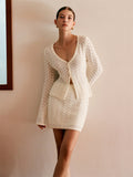 2025 Summer New Set Knitted Hollow Deep V Collar Long Sleeves Shirt Casual Skirt
