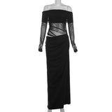 Spring 2025 New Women's Temperament Sexy Shoulder Mesh Perspective Long Dress Dress Woman