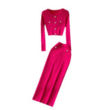 Small Fragrant High-Sense Metal Buckle Repair Short Long-Sleeved Knitting Top Female High-Waisted Hip Skirt Two