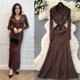 Small Fragrant High-End Feel Fashionable Doll Collar Long Sleeve Metal Buckle Waist Knitted Dress Women Autumn Slim Dress