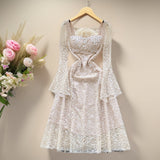 French High-End Heavy Industry Nail Drill Three-Dimensional Flower Square Collar Horn Sleeves To Close The Waist Hollow Lace Dress 20