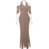 2025 Summer Fashion Trend Women's New V-Necked Bare Back Mesh Splicing Body And Hip Dress