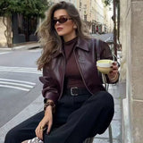 Women's Dress 2025 New Retro Simple Collar Zipper Leather Jacket