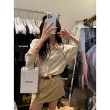 Korean High-End Lace Pocket Design Shirt Women Spring New High-Waisted Work Clothes Half Short Skirt Two-Piece