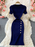 Korean Version Of The Solid Color Collar Buckle Body Short Sleeve Elastic Knitted Forked And Left-Sleeved Dress 0022