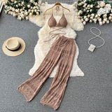 Straight-Barose High-Rise Thin-Legged Trousers With Hanging Neck Short Top Two Spice Girl Sets