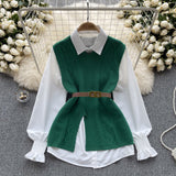 Korean Style Suit Women's Casual Long-Sleeved Shirt + Waist V-Neckless Knitted Vest Two-Piece Set
