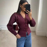Women's INS Explosion V-Neck Long Sleeves Simple Knitted Set
