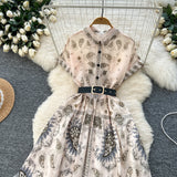 With Belt Dress 2025 Summer To Collect Thin Temperament French Retro Short-Sleeved Print Dress
