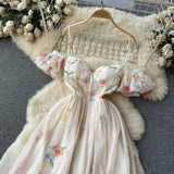 French One-Word Shoulder-Scaring Dress Women's Summer Gentle Wind To Close The Waist Mashed Flowers Bubble Sleeve Yarn Fairy Dress