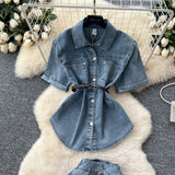 French Light-Cooked Wind Strap To Close Waist Short-Sleeved Cowboy Topess Female High-Waisted Fork Hip Skirt Summer Two-Sleeve
