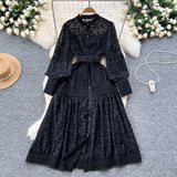 Court-Style Dress Woman's Spring 2025 New French Elegant Embroidered Lantern Sleeves Waist Single Buckle Large Swing Dress