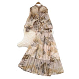 Temperament Two Sets Of Female High-Grade Style Straps To The Waist Lantern Sleeve Print Chiffon Top + High Waist Skirt