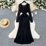 Korean Slebock Crochet Dress Women's Waist Show Thin Sleeve Skirt Inside The Bottom Sling Skirt Two Sets