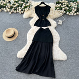 Goddess Fan Temperament Two Sets Of Summer High-End Sleeveless Knitting Top High-Waisted Splicing Bag Hip Skirt Suit