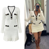 New Autumn/Winter 2025 New Waffle Small Scent Style V-Neck Knitted Dress