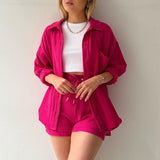 2025 Women's Wrinkle Collar Long-Sleeved Shirt High-Waisted Rope Shorts Fashion Casual Two-Piece Set