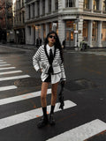 New Women's Black And White Stripes Simple Fashion V-Neck Button Knitted Cardigan Jacket
