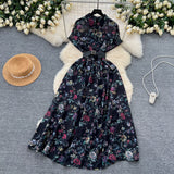 French Niche High-End Light Style Single Row Buckle Short-Sleeved Printed Shirt Dress Female Magenta Vintage Chiffon Dress