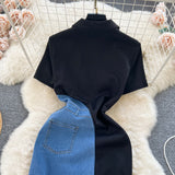 Chic Port Style Retro Denim Dress Girl Design Bump Color Splicing In The Long Short-Sleeved Temperamental Dress