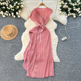 Three-House Folded Dress Design Irregular Lotus Leaves Side To Receive Waist Repair Bright Silk Pressure Folds