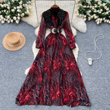 High-End Fashionable Dress Women's French Nail Polish Brighten Embroidery V Collar Long Sleeve Leopard Print Elegant Long Dress