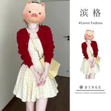 Korean Gentle Temperament Red Knitted Shirt Coat Wave Dot Square Tie Dress Women's Spring And Summer New Set