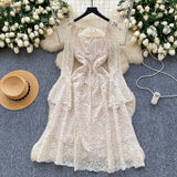 French High-End Heavy Industry Nail Drill Three-Dimensional Flower Square Collar Horn Sleeves To Close The Waist Hollow Lace Dress 20