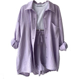 2025 Women's Wrinkle Collar Long-Sleeved Shirt High-Waisted Rope Shorts Fashion Casual Two-Piece Set
