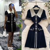 French Retro Trendy Polo Collar Short-Sleeved Dress Women's Summer Metal Buckle Waist Thin Knitted Skirt