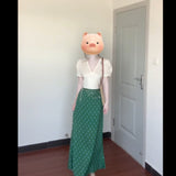 Ultra-Good View Of The Unique Beautiful V-Neck Bubble Sleeve Shirt For Women's Summer New Green Floral Skirt Set
