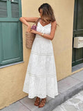 2025 Women's New Sling INS Hot V-Neck White Hollow Escium Embroidery Dress