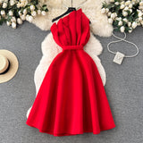 High-End Party Dress Dress Women's Summer French Collared Shoulder Bubble Sleeve High Waist Fork Banquet Dress
