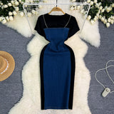 Fake Two Dresses Women's Korean Version Of The Fashion Round Neck Short Sleeves To Receive Waist Thin Denim Dress 0453