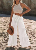 Women's Fashion Temperament Strap Spliced High-Waisted Folds Broad Leggings Casual Loose Trousers